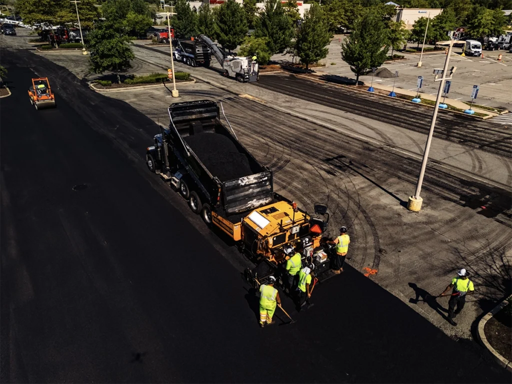 Commercial parking lot having asphalt maintenance services performed on it