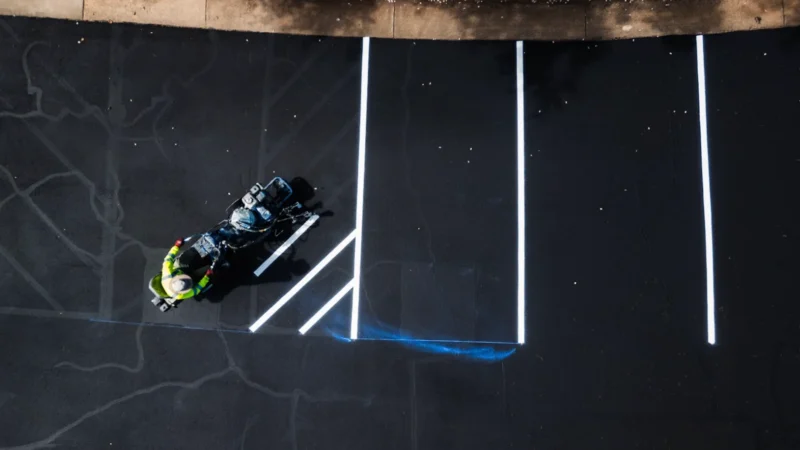 Aerial view of painting ADA Compliance Parking Lot Markings